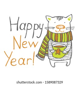 Happy New year and cat with cup of tea. Vector illustration isolated on the white background. 