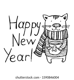 Happy New year and cat with cup of tea. Vector illustration isolated on the white background. 
