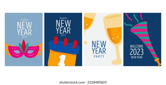 Happy New Year celebrate cards templates 2023. Vector illustrations for posters, banners, backgrounds or greeting cards