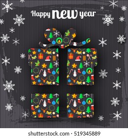 Happy New Year celebrate template with winter icons pattern in shape of presents and gifts vector illustration