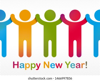 Happy New Year celebrating people vector concept simple illustration icon or greeting card, celebration anniversary or holiday fun, group of cheerful happy people having fun at party.