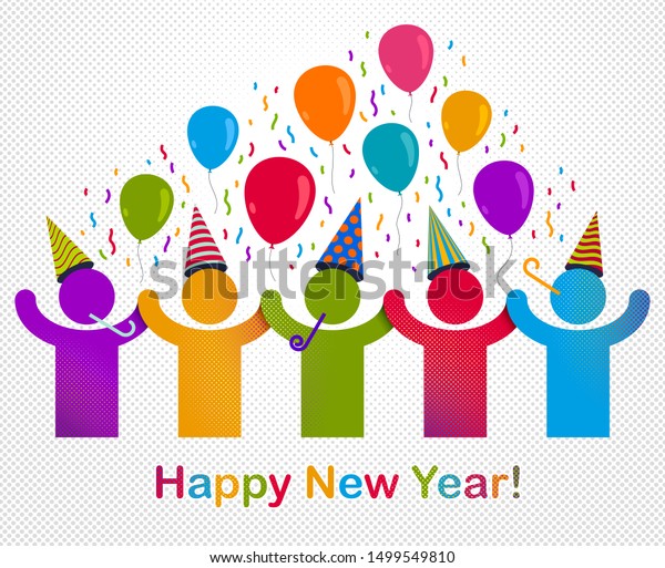 Happy New Year Celebrating People Vector Stock Vector Royalty