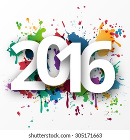 Happy new Year celebration 2016 with colorful spray paint template background. Vector paper illustration.