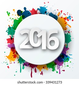 Happy new Year celebration 2016 with colorful spray paint template background. Vector paper illustration.