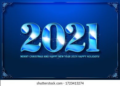 Frohes neues Jahr Feier 2021 Neujahr in blau glänzende Postkarte. Festliches Design für Weihnachtsdekoration Vektor-Vorlage