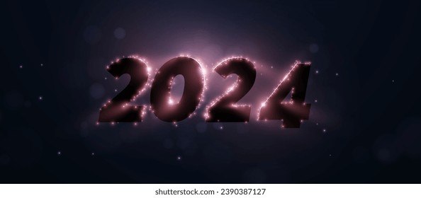 Frohes neues Jahr Fest 2024 Banner. Abstraktes Licht scheint Bokeh auf dunklem Hintergrund. Illustrationsvektor