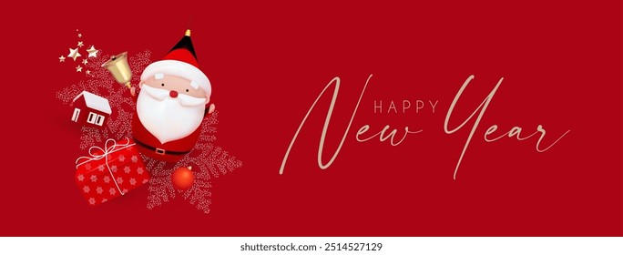 Happy New Year celebration with 3D Santa Claus character, cute house, golden bell and gift box.