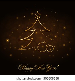 Happy New Year celebration abstract background, gold Xmas balls. Decorative golden bauble, star. Simple sketch for card, greeting. Shine light Merry Christmas holiday decoration Vector illustration