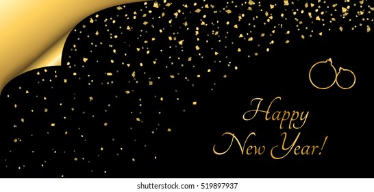 Happy New Year celebration abstract background, gold Xmas balls. Decorative golden corner page. Simple design for card, greeting. Shine light. Merry Christmas holiday decoration Vector illustration