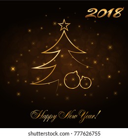 Happy New Year celebration abstract background, gold Xmas balls. Decorative golden bauble, star. Simple sketch for card, greeting. Shine light Merry Christmas holiday decoration Vector illustration