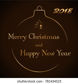 Happy New Year celebration abstract background, gold Xmas tree. Decorative golden bauble, number 2018. Simple sketch for card, greeting. Merry Christmas holiday decoration. Vector illustration