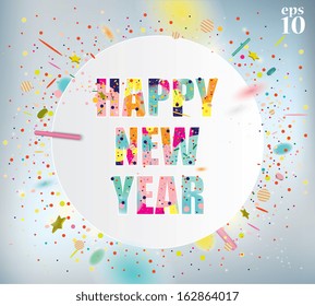  Happy New Year celebration background with colorful confetti.