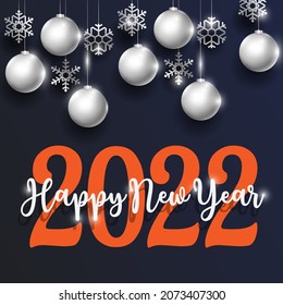 Happy New Year celebration background with silver glass balls and snowflakes