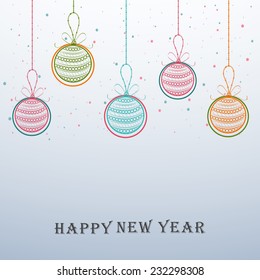 Happy New Year celebration background with colorful hanging balls on stylish background.