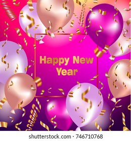 Happy New Year celebration background with gold balloon and confetti.Vector Illustration for holiday greeting card, invitation, calendar poster. Party banner with air balloons and serpentine.