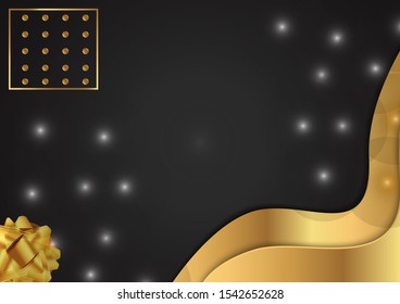  happy new year celebration banner template. luxury 3d background banner or poster with gold bow ribbon and abstract shape elements. isolated on black background 