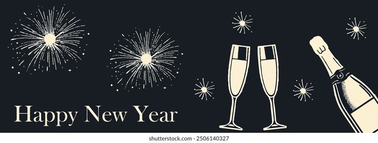 Happy New Year celebration banner with champagne, glasses, and fireworks on dark background. Trendy retro style. Halftone collage with grainy photocopy effect. Vector dots texture.