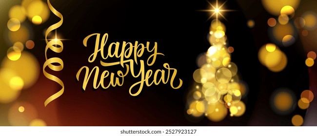 Happy New Year celebration banner. Festive background for New Year greetings and invitations. Bright blurred bokeh lights. Christmas tree. Vector illustration.