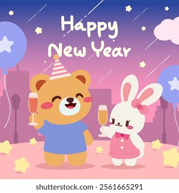 Happy New Year Celebration with Bear and Bunny. Cartoon Bear and Bunny Partying for New Year.