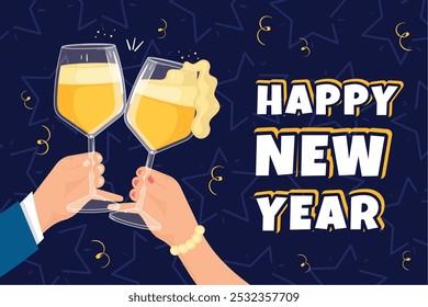 Happy New Year celebration with clinking champagne glasses, Vector