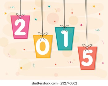 Happy New Year celebration with colorful hanging gift boxes decorated with text 2015 on stylish background.