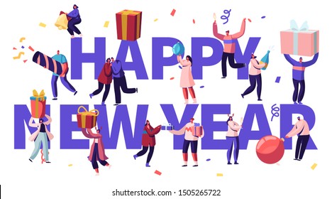 Happy New Year Celebration Concept. Tiny Male and Female Characters with Huge Gifts and Festive Decoration, Christmas Season Holidays Poster Banner Flyer Brochure. Cartoon Flat Vector Illustration