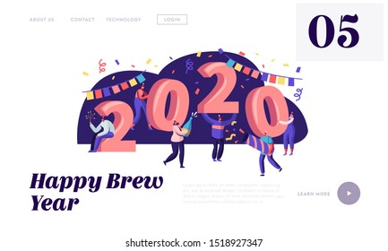 Página de inicio del sitio web Feliz Año Nuevo. Pequeñas personas divirtiéndose y dando regalos en números gigantes de 2020. Enhorabuena, Banner de la página web de invitación. Ilustración de vectores planos de caricaturas