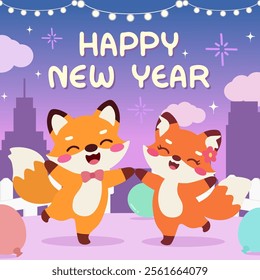 Happy New Year celebration with cute foxes. Adorable fox couple celebrating New Year.