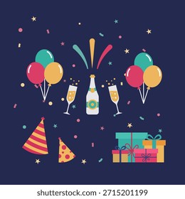 Elementos de la celebración del Año Nuevo feliz en fondo azul oscuro. Botella de champán, vasos, globos e iconos de regalos. Ilustración vectorial festiva de vacaciones para el Anuncio.