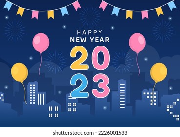 Happy New Year Celebration Flat Cartoon Background Hand Drawn Templates Illustration