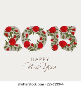 Happy New Year celebration with flower decorated text 2015 on grey background.