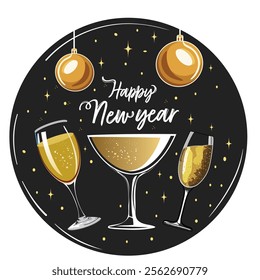 Happy New Year Celebration Frame with Calligraphy Text, Champagne Glass, Baubles Decoration in Dark Background Vector Illustration.