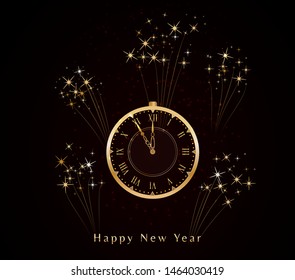 Happy New Year celebration with golden vintage clock and fireworks isolated on black background. Five minutes to midnight. Holiday banner, poster, greeting card or invitation template. Copy space
