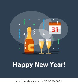Happy new year celebration, night party, bottle of champagne and two glasses, calendar with number 31, dark background with falling confetti, vector illustration, flat icon