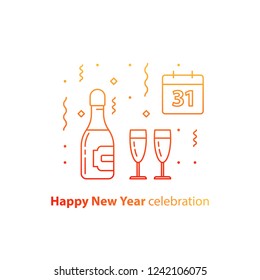 Happy new year celebration night, bottle of champagne and two glasses, calendar date with number 31, falling confetti, vector illustration, flat icon