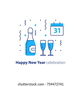 Happy new year celebration night, bottle of champagne and two glasses, calendar date with number 31, falling confetti, vector illustration, flat icon