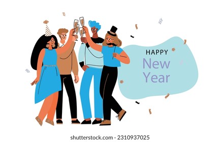 happy new year celebration party, annual holiday celebration, hand drawn flat vector illustration