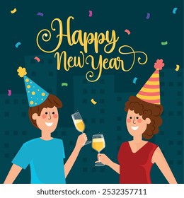 Happy New Year celebration with party hats and champagne, Vector