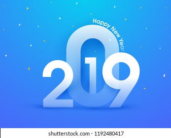 Design de cartaz de celebração de Feliz Ano Novo com letras 2019 em fundo azul brilhante.