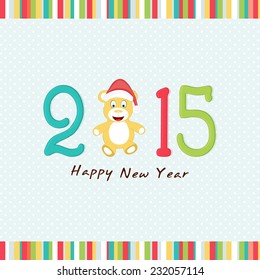 Happy New Year celebration poster or banner with cute teddy bear in Santa cap and colorful text on stylish blue background.