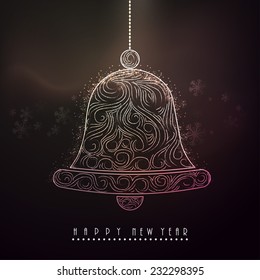 Happy New Year celebration poster with floral decorated jingle bell and stylish text on shiny brown background.