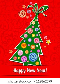 Happy New Year!  Celebration red background with Christmas tree and place for your text. vector illustration