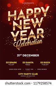 Happy New Year Celebration Template Or Flyer Design With Date, Time And Venue Details.