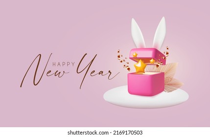 Happy New Year celebration template with open gift box, rabbit's ears, gold gir tree and light bulbs