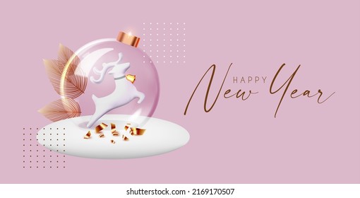 Happy New Year celebration template with glass glossy 3D ball, snow and jumping deer.