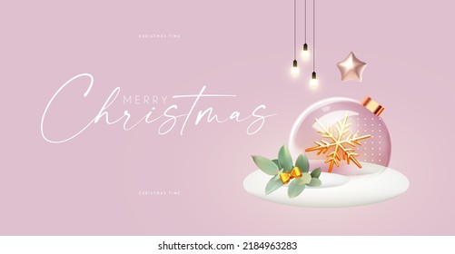 Happy New Year celebration template with glass glossy 3D ball and snow. Empty scene. Showcase