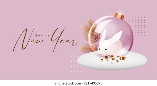 Happy New Year celebration template with glass glossy 3D ball, snow and cute rabbit