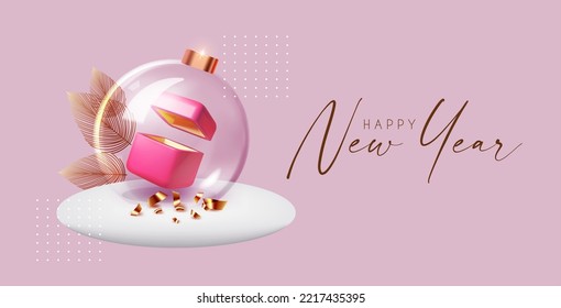 Happy New Year celebration template with glass glossy 3D ball, snow and open gift box.