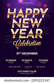 Happy New Year Celebration Template or Flyer Design with Date, Time and Venue details.