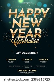 Happy New Year Celebration Template or Flyer Design with Date, Time and Venue details.